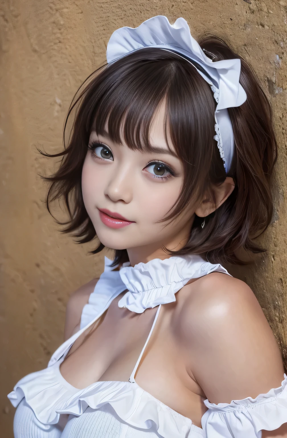 ((SFW: 1.4)), ((SFW, Super Short Hair, side lock hair, One girl)), smile、Ultra-high resolution, (Realistic: 1.4), RAW Photos, Highest quality, (PhotoRealistic Stick), concentrated, Soft Light, ((18-year-old)), ((Japanese)), (( (Young Face))), (surface), (Depth of written boundary), masterpiece, (Realistic), Highly detailed wearing (( Maid outfit with frills and ribbons)), bangs, ((1 Girl)),(bust:1.5)