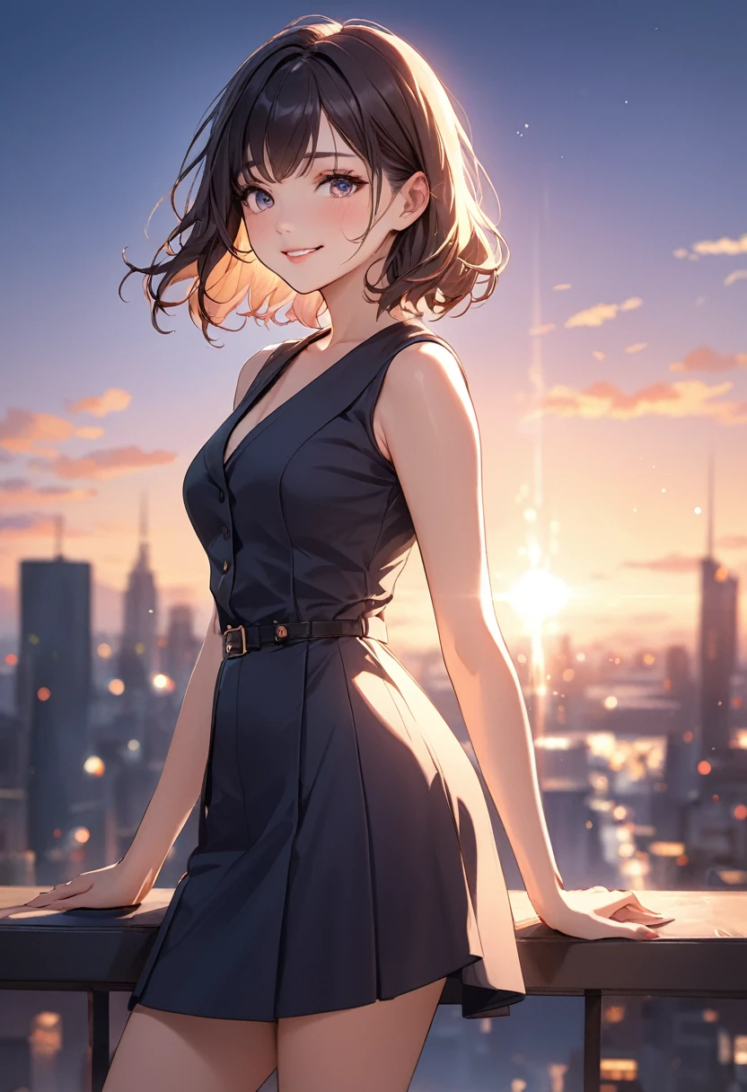 (masterpiece:1.5),(Beat quality),(high res),1girl solo,beautiful face,smile(shining eyes),light effects,Tailored fit dress for women,sunset
