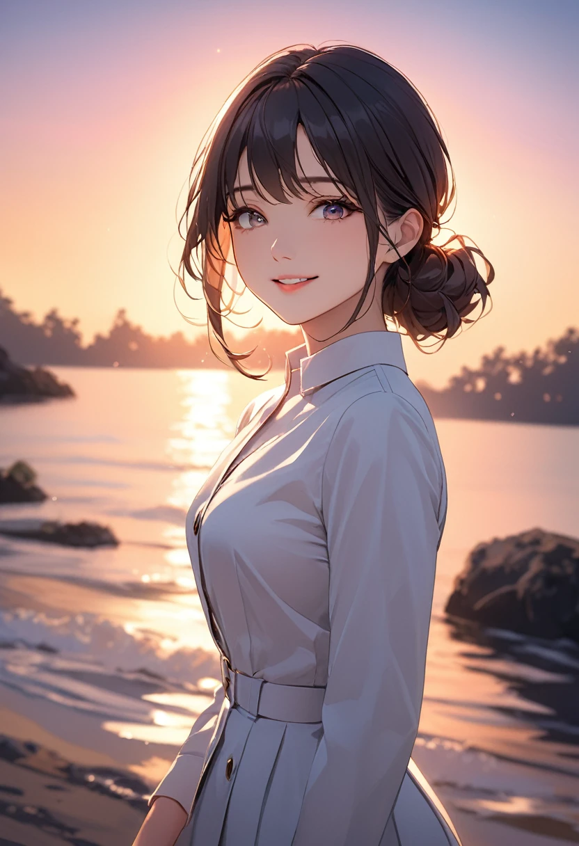 (masterpiece:1.5),(Beat quality),(high res),1girl solo,beautiful face,smile(shining eyes),light effects,Tailored fit dress for women,sunset