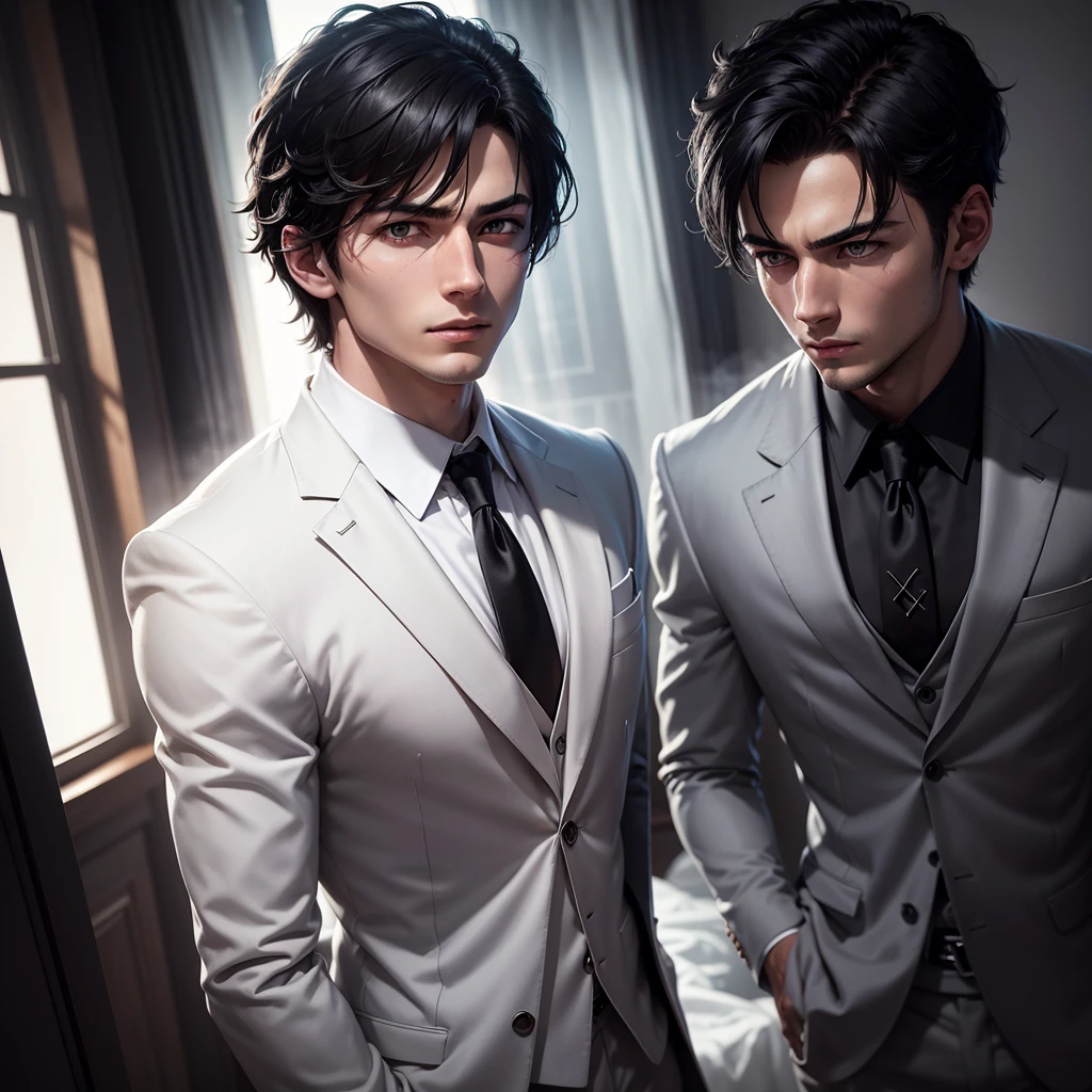 Night, pitch black, by the window, a handsome boy, white suit, panic, energy flow around, red moonlight, black eyes, facial ultra-detail, short black hair, facial ultra-detail, highly realistic, 4K, chiaroscuro, super high detail