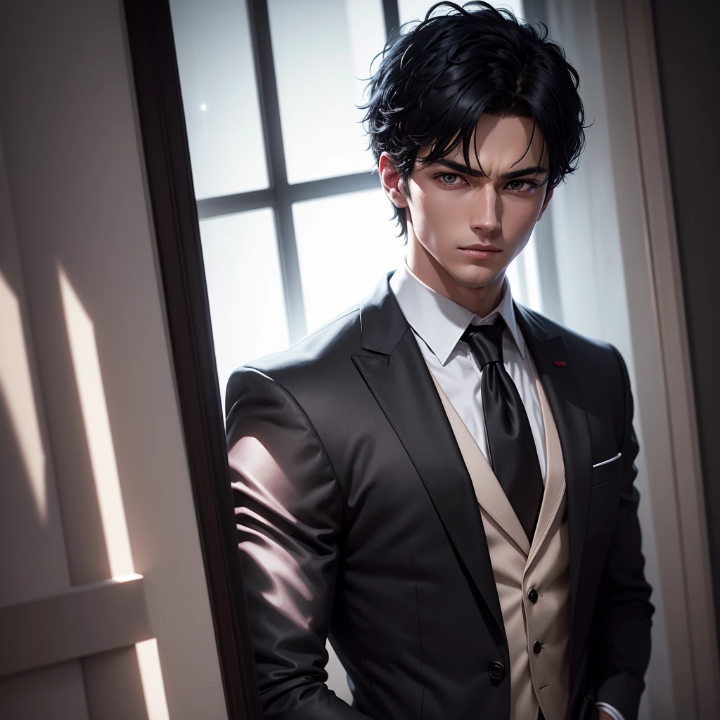 Night, pitch black, by the window, a handsome boy, white suit, panic, energy flow around, red moonlight, black eyes, facial ultra-detail, short black hair, facial ultra-detail, highly realistic, 4K, chiaroscuro, super high detail