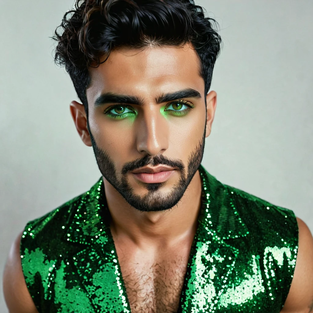 arafed man, (hispanic:arabic 0.80), 30s, stubble, short wavy hair, ((green eyeshadow)), subtle makeup, glitter, male, editorial, photoshoot, realistic, ultrahd