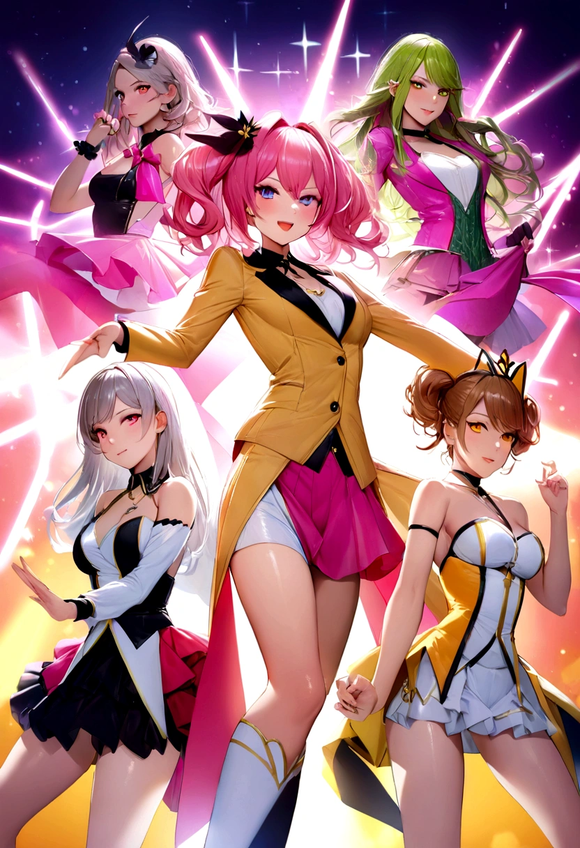 Masterpiece, Ultra-detailed, High-resolution, Best Quality, Realistic, 8K, Aesthetic, Fantastic, (RAW Photo, Best Quality), (Realistic, Photorealistic: 1.3), Sharp focus, soft light, Cute and energetic images of the 6-member idol group. Exuberant smiles, beautiful faces, detailed and perfect faces, large and even eyes, accurate anatomy, each decorated with vibrant colors such as neon pink, sunset orange, fire engine red, plasma violet, fluorescent green, and shocking yellow. Neon-decorated backgrounds that exude energy and courage, energetic dynamic poses. Sultry and sexy idols, each idol:: outfits are sophisticated and modern. Each idol:: wears a sexy fluttering outfit. The colors have elements that reflect its theme. Ready for action. ((Bewitching)), Shiny sparkle background, fractal design,