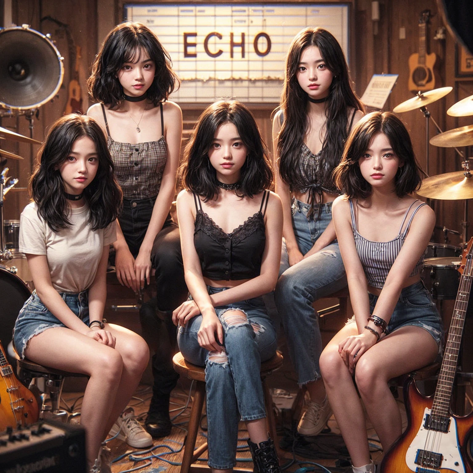 **Photo of 5 beautiful girls, aged 18 to 20, sitting:**
- **3 girls with messy black hair**
- **1 girl with wavy bob black hair**
- **1 girl with a black ponytail**
One girl is playing the drums, one girl is playing the piano, one girl is playing the bass guitar, one girl is playing the guitar, and one girl is singing. They are sitting behind a board with the word "ECHO" written on it. The background is a music studio, complete with drums, guitars, bass guitar, and piano. The image is ultra HD, 4k, photorealistic, raw, and a masterpiece.
