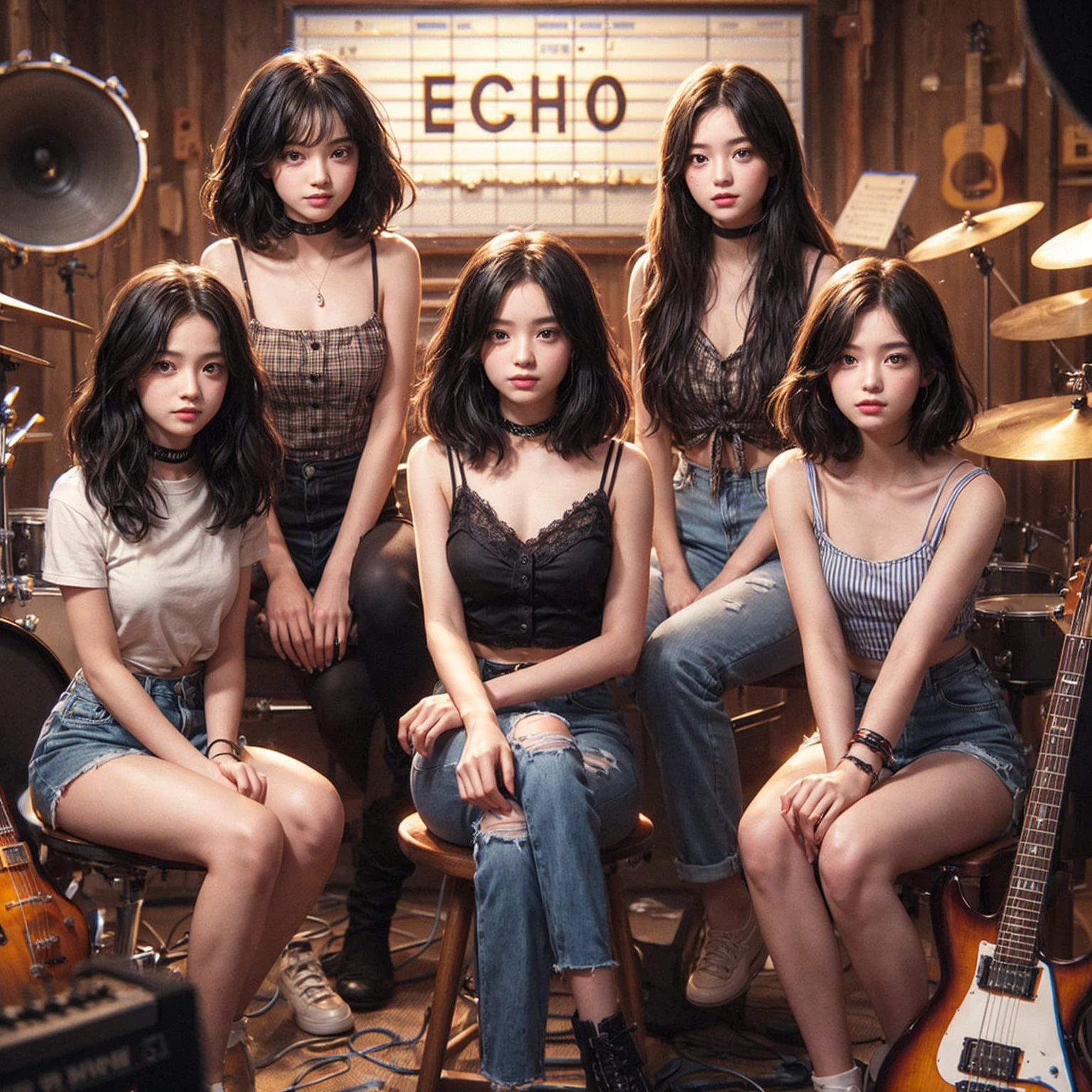 **Photo of 5 beautiful girls, aged 18 to 20, sitting:**

- **3 girls with messy black hair**
- **1 girl with wavy bob black hair**
- **1 girl with a black ponytail**

One girl is playing the drums, one girl is playing the piano, one girl is playing the bass guitar, one girl is playing the guitar, and one girl is singing. They are sitting behind a board with the word "ECHO" written on it. The background is a music studio, complete with drums, guitars, bass guitar, and piano. The image is ultra HD, 4k, photorealistic, raw, and a masterpiece.