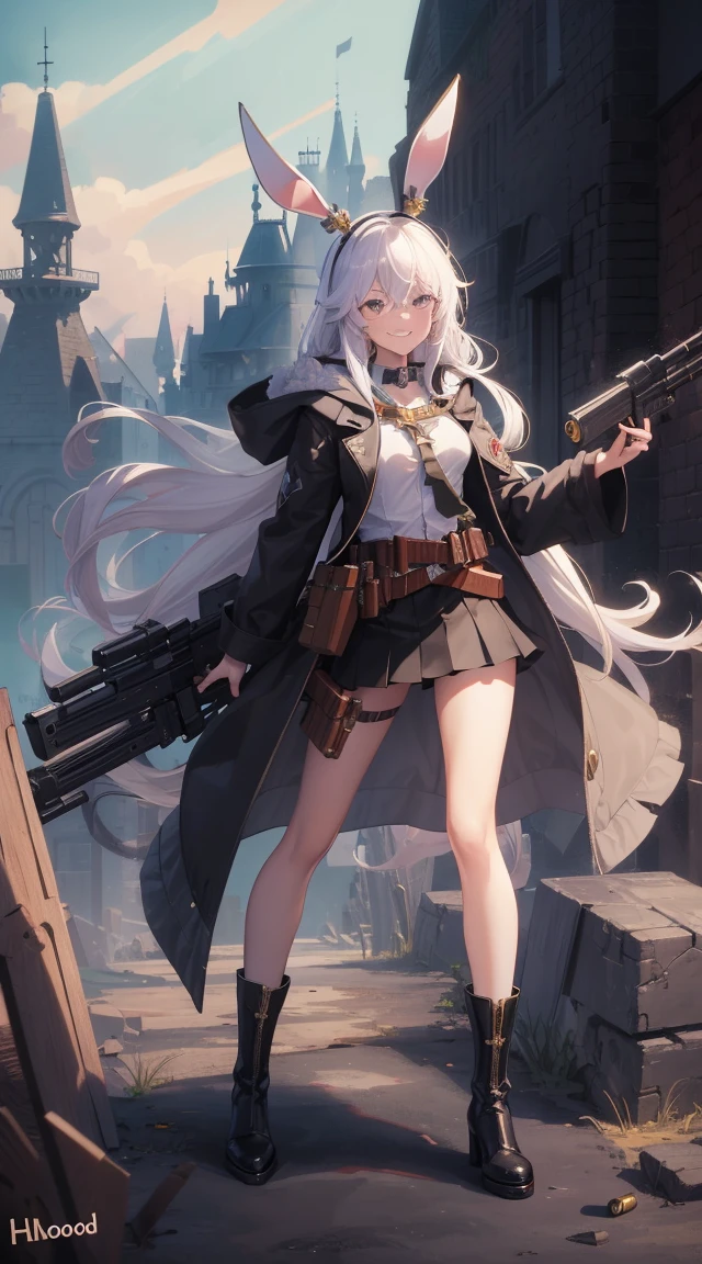 (masterpiece), Best quality, Fantasy art, 1 girl,One, a girl firing her long machine a gun in A magical land, white_hair, long hair, wicked, grin, smile, (black_hood:1.4), bunny ears, long coat, skirt, boots, (((ammunition belt))), a gun, bullet casing, machine a gun, Weapon, (A magical land:1.2)