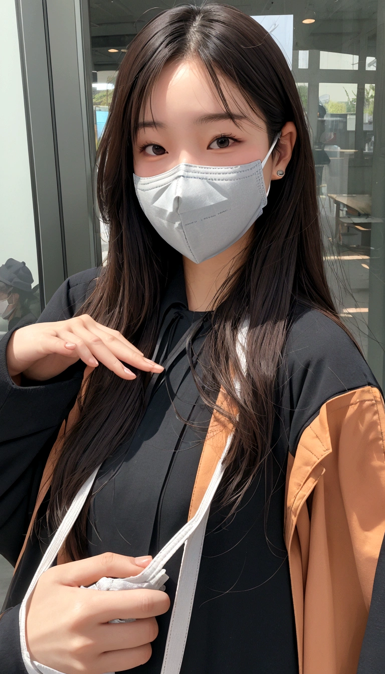woman wearing a face mask and holding a cell phone in her hand, wearing mask, wearing a mask, wearing facemask, wearing facemask and sunglasses, wearing transparent glass mask, partially masked, no face mask, Chiho, Wearing a semi-transparent sheet, nodded, one single mask, wearing all black mempo mask, masked, facemask, See through, mask