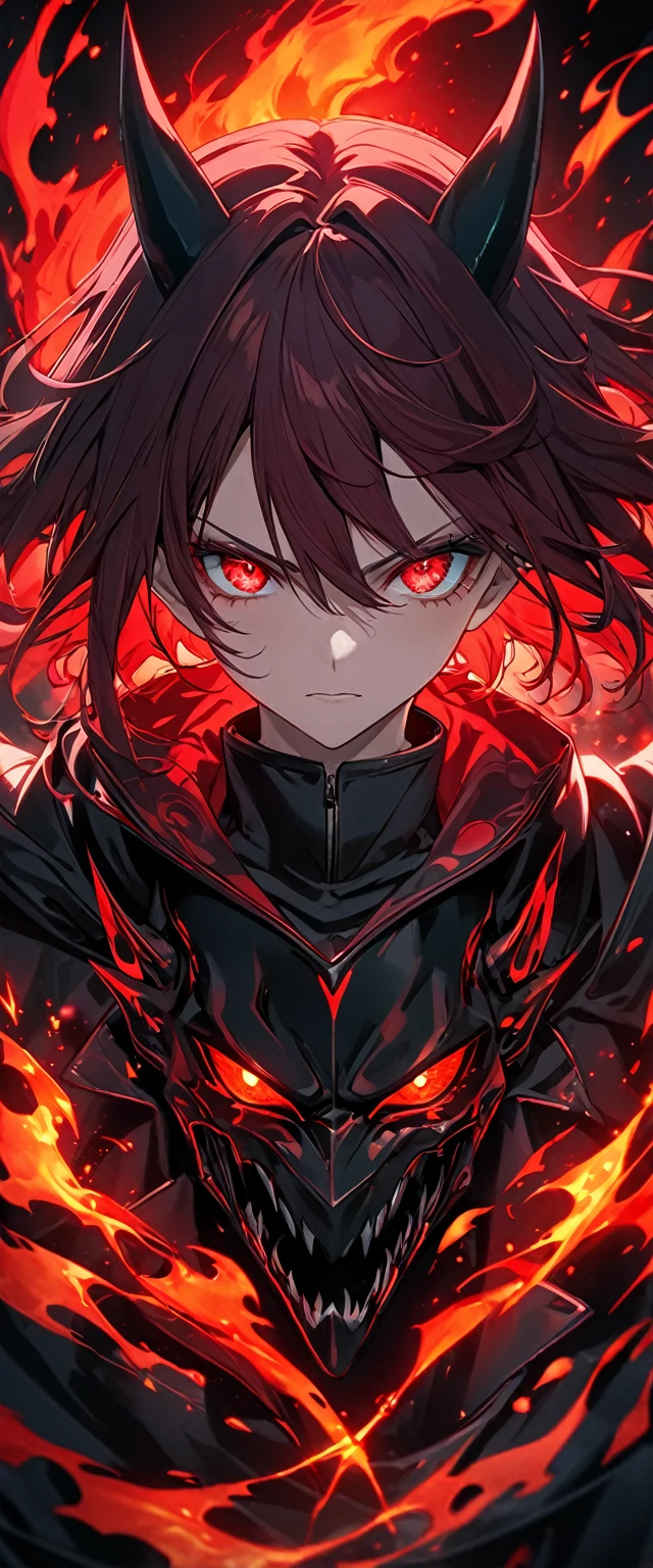 anime, Bright red devil with piercing eyes and a black background, Red eyes glow, bright red eyes, Glowing red eyes, with bright red eyes, with Glowing red eyes, 邪悪なRed auraを放つ, Darkness Aura Red Light, Red eyes of fire, Red aura, intense watery bright red eyes, Mobile phone wallpaper, badass anime 8 k, bright red, Completely red eyes