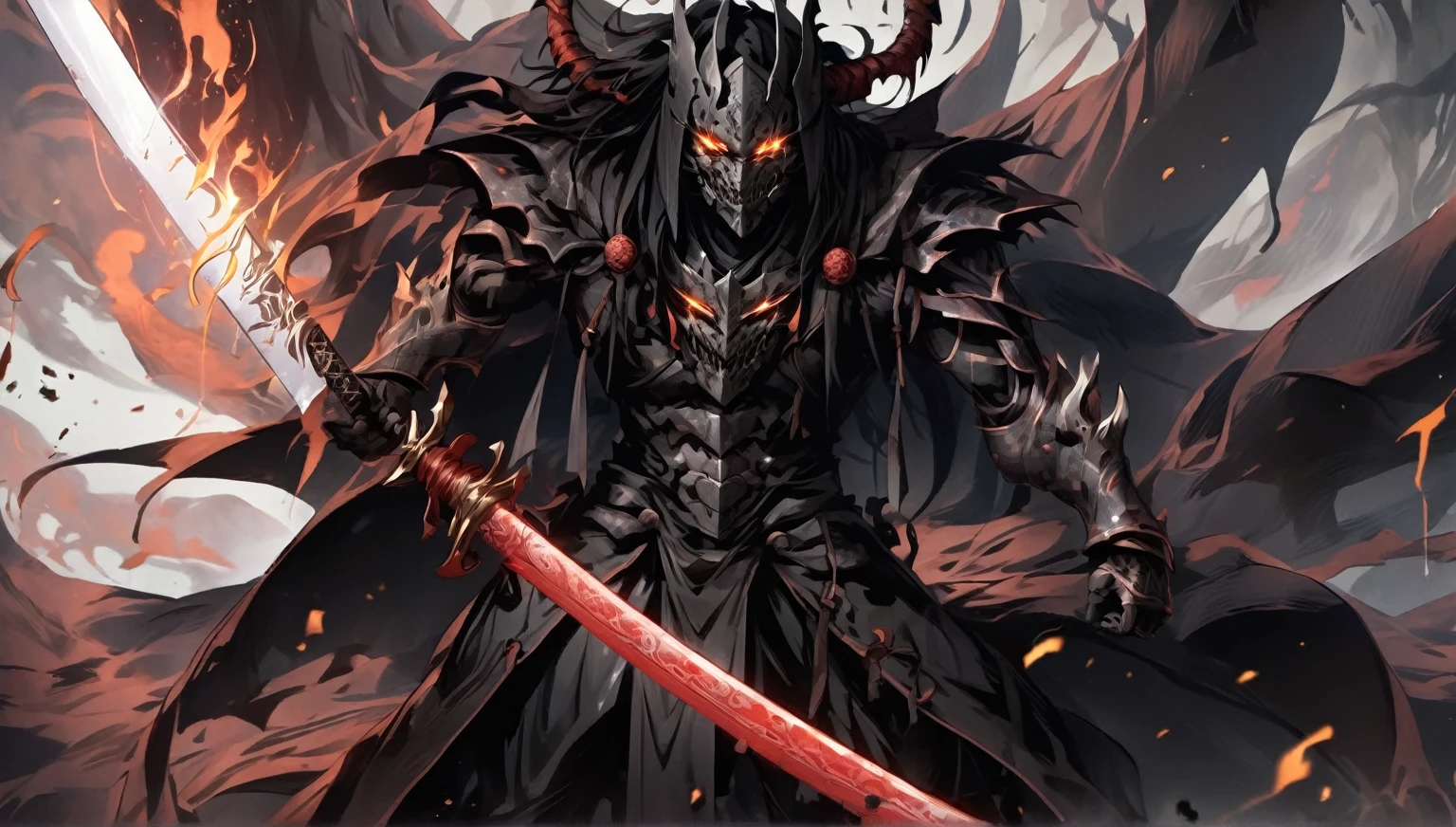 demon mask, sword on the back,close up, black heavy detailed clothes, hand katana, art, dark and malevolent, hand sword, armor, powerful and intimidating, (masterpiece, best quality, ultra-detailed, best shadow), (detailed background, dark fantasy) dramatic light, intricate details, dark and malevolent, powerful and intimidating, Dark and foreboding, malevolent force, sinister and chilling, armor, high detailed background, girl in demon slayer art, demon slayer art style, epic anime art, God death