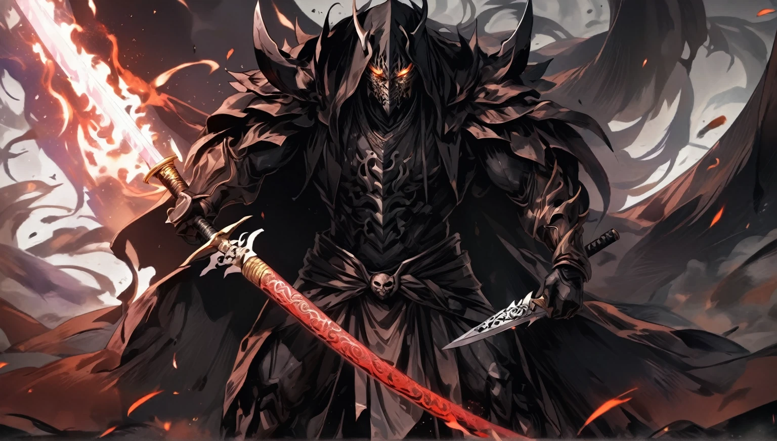 demon mask, sword on the back,close up, black heavy detailed clothes, hand katana, art, dark and malevolent, hand sword, armor, powerful and intimidating, (masterpiece, best quality, ultra-detailed, best shadow), (detailed background, dark fantasy) dramatic light, intricate details, dark and malevolent, powerful and intimidating, Dark and foreboding, malevolent force, sinister and chilling, armor, high detailed background, girl in demon slayer art, demon slayer art style, epic anime art, God death