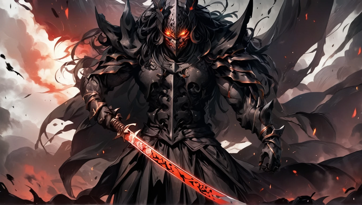 demon mask, sword on the back,close up, black heavy detailed clothes, hand katana, art, dark and malevolent, hand sword, armor, powerful and intimidating, (masterpiece, best quality, ultra-detailed, best shadow), (detailed background, dark fantasy) dramatic light, intricate details, dark and malevolent, powerful and intimidating, Dark and foreboding, malevolent force, sinister and chilling, armor, high detailed background, girl in demon slayer art, demon slayer art style, epic anime art, God death