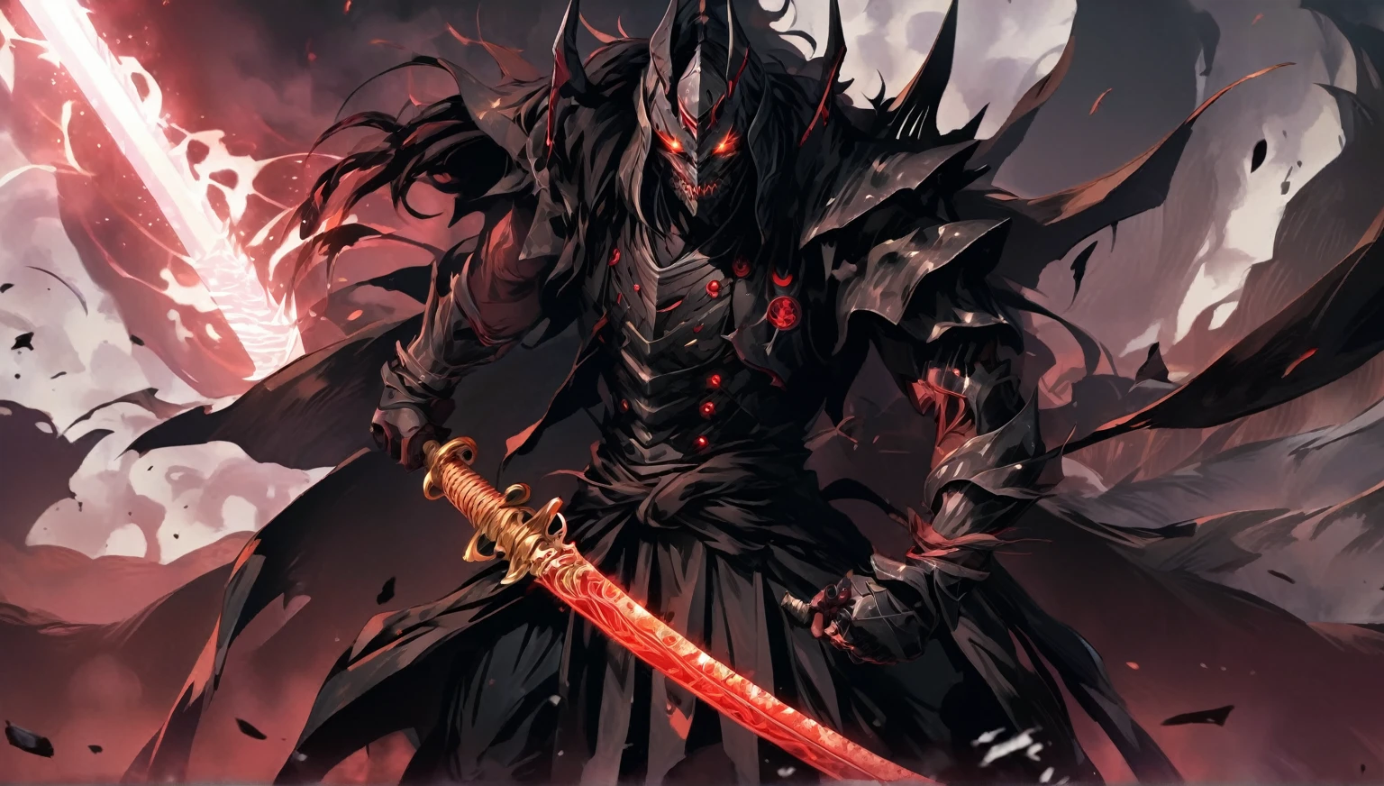 demon mask, sword on the back,close up, black heavy detailed clothes, hand katana, art, dark and malevolent, hand sword, armor, powerful and intimidating, (masterpiece, best quality, ultra-detailed, best shadow), (detailed background, dark fantasy) dramatic light, intricate details, dark and malevolent, powerful and intimidating, Dark and foreboding, malevolent force, sinister and chilling, armor, high detailed background, girl in demon slayer art, demon slayer art style, epic anime art, God death