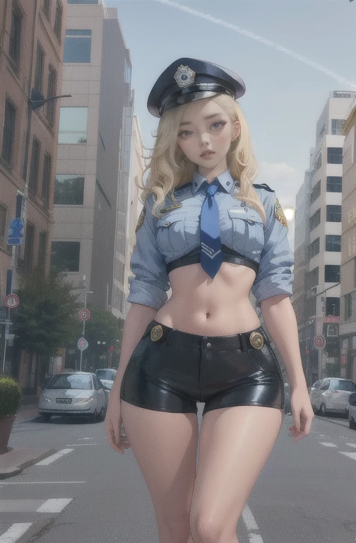 Kelly, hair blonde, blue colored eyes, wart under the mouth,
make up, lips, curly hair, eyelash,
standing alone, trunk, standing, ssmile,
natta, streets, city scape, carriages,
uniforme policial, police hat, tummy, black short shorts, blue shoes, blue necktie,
(incredibily detailed, beautifull detailed face, work of art, beautiful detailed eyes, best qualityer)