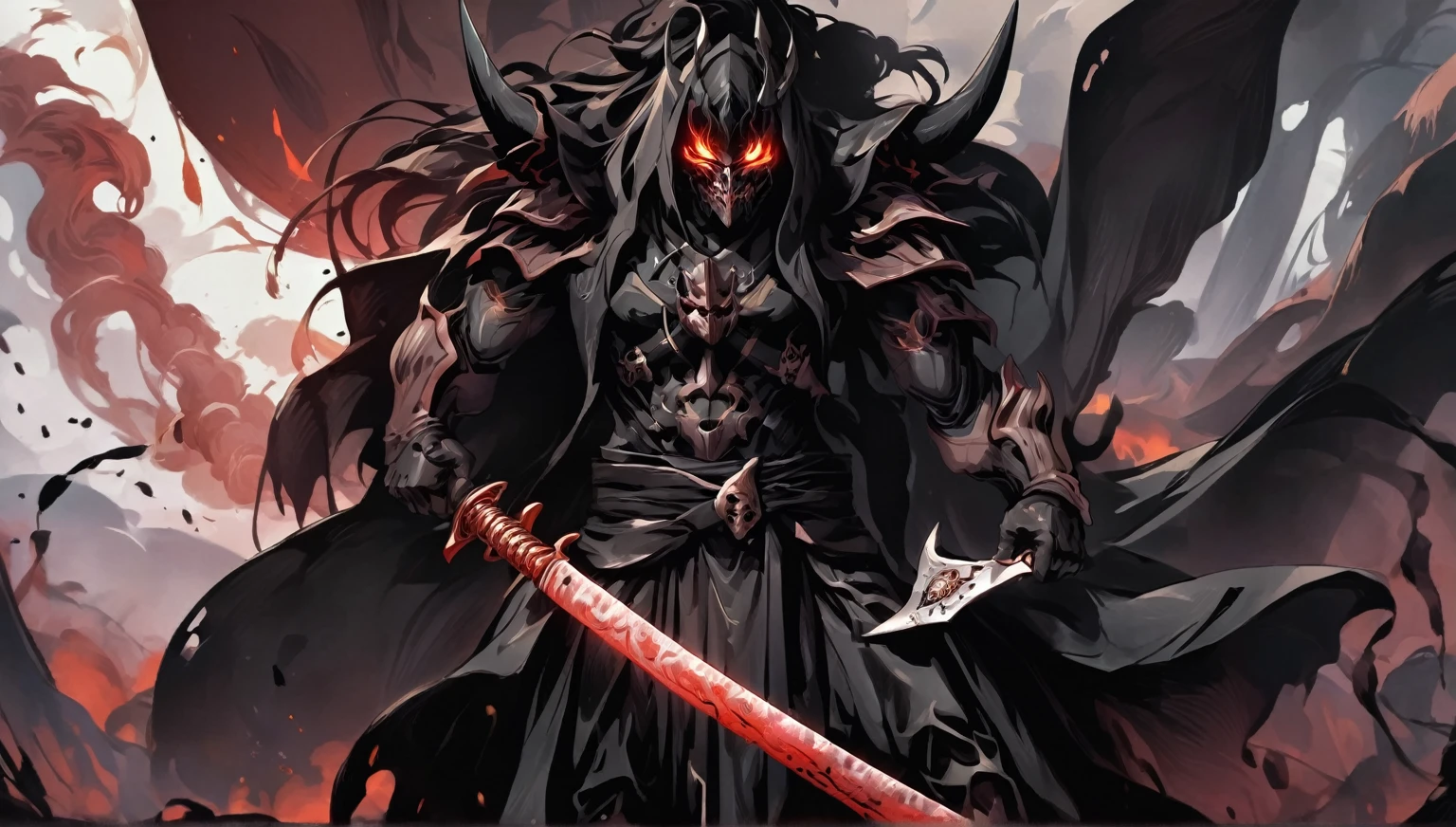 demon mask, sword on the back,close up, black heavy detailed clothes, hand katana, art, dark and malevolent, hand sword, armor, powerful and intimidating, (masterpiece, best quality, ultra-detailed, best shadow), (detailed background, dark fantasy) dramatic light, intricate details, dark and malevolent, powerful and intimidating, Dark and foreboding, malevolent force, sinister and chilling, armor, high detailed background, girl in demon slayer art, demon slayer art style, epic anime art, God death