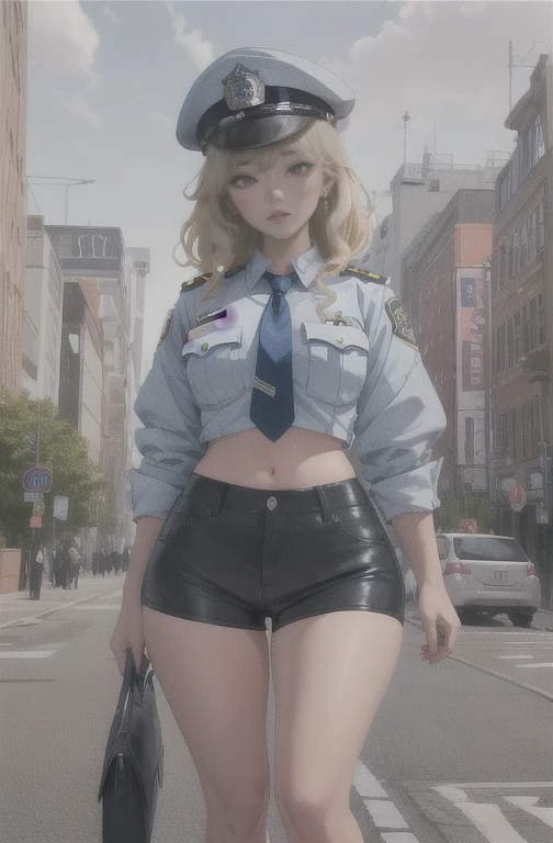 Kelly, hair blonde, blue colored eyes, wart under the mouth,
make up, lips, curly hair, eyelash,
standing alone, trunk, standing, ssmile,
natta, streets, city scape, carriages,
uniforme policial, police hat, tummy, black short shorts, blue shoes, blue necktie,
(incredibily detailed, beautifull detailed face, work of art, beautiful detailed eyes, best qualityer)