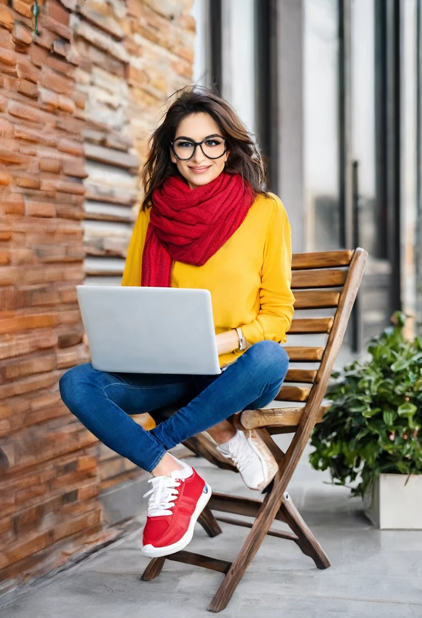 Create a beautiful 30 years old girl , wearing yellow shirt, Blue jeans, Red Scarf, white and red sneakers, sitting on a chair, using laptop