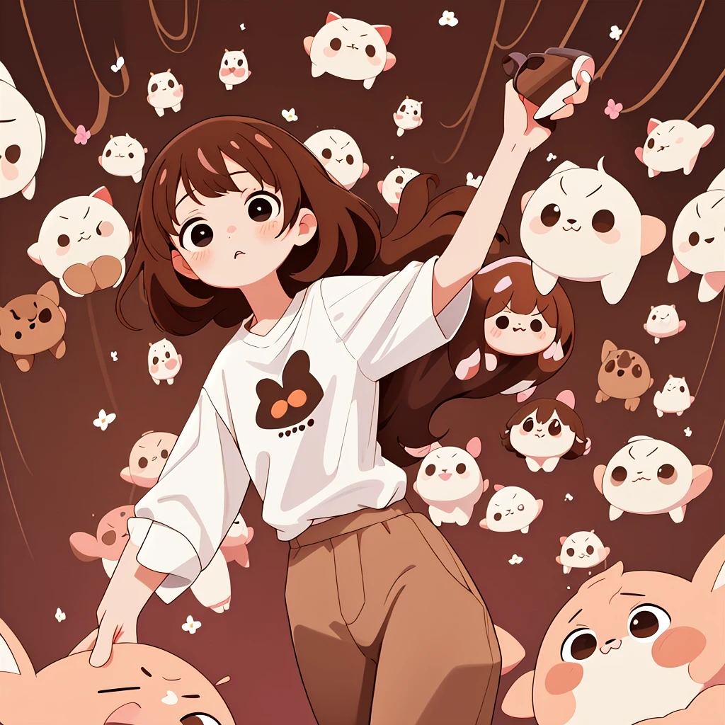 meyoco, opossumachine, nixeu, sorimachi-doufu, ninai, beautiful, digital art, 32k, full hd, 1 girl, ((gently brown hair)), ((middle length hair)),((black eyes)), ((white long shirt)), ((brown pant))