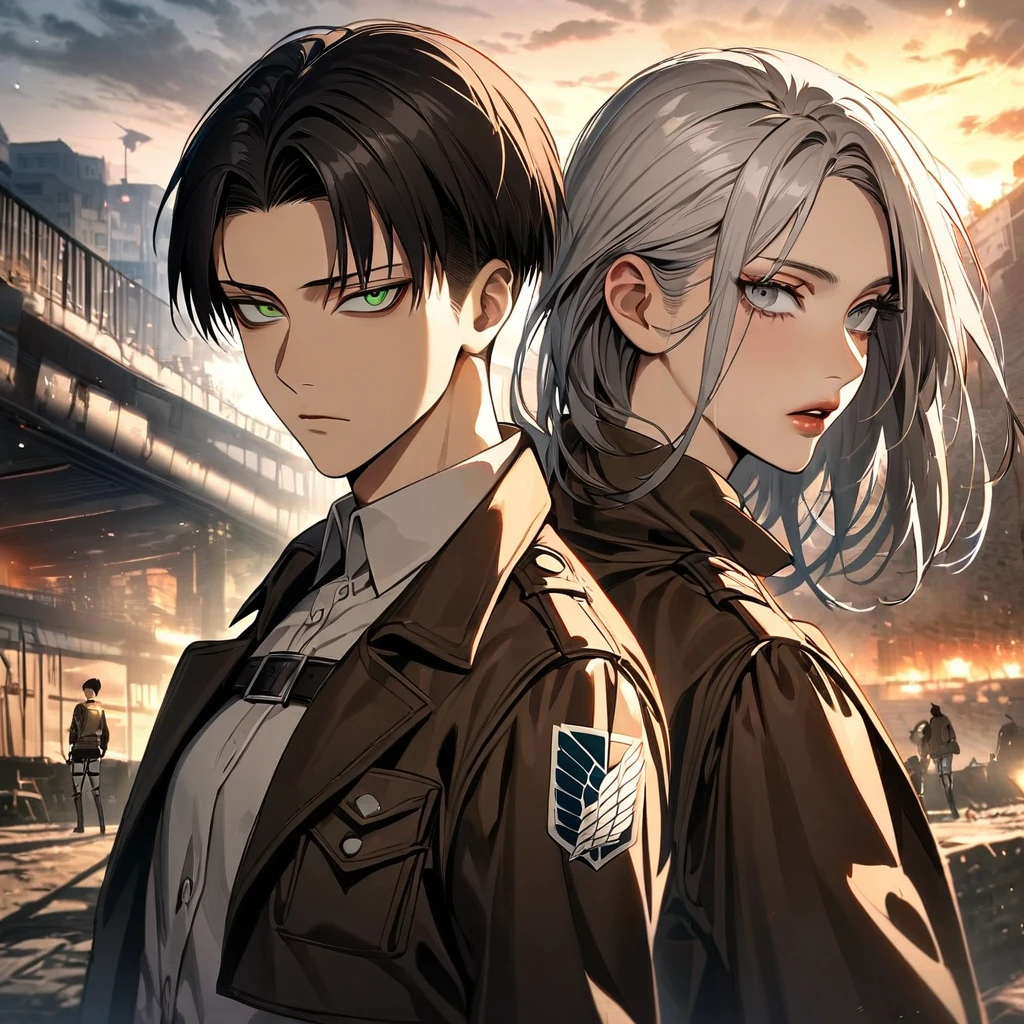 Ultra detailed, Highres, absurdres, HDR, Levi Ackerman, black hair, grey eyes, Shingeki No Kyojin, extremely handsome, 1 man with 1 woman, she have white hair and green eyes, the woman is part of the squad, the sunset, full-body portraits, dark ambiance, only two people 