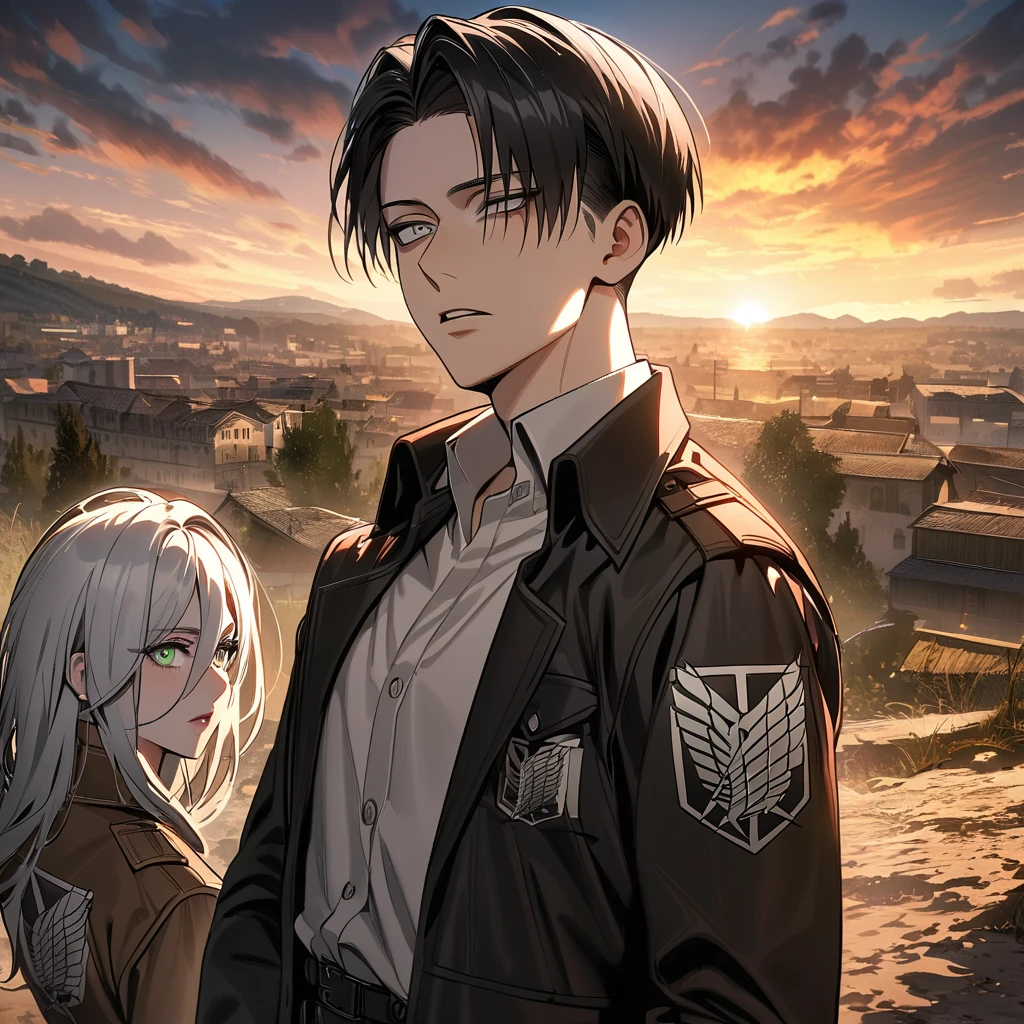 Ultra detailed, Highres, absurdres, HDR, Levi Ackerman, black hair, grey eyes, Shingeki No Kyojin, extremely handsome, 1 man with 1 woman, she have white hair and green eyes, the woman is part of the squad, the sunset, full-body portraits, dark ambiance, only two people