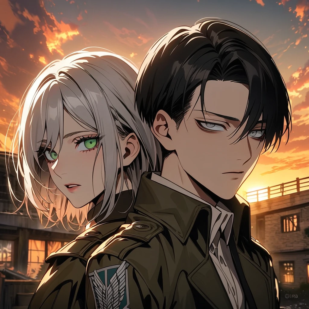 Ultra detailed, Highres, absurdres, HDR, Levi Ackerman, black hair, grey eyes, Shingeki No Kyojin, extremely handsome, 1 man with 1 woman, she have white hair and green eyes, the woman is part of the squad, the sunset, full-body portraits, dark ambiance, only two people 