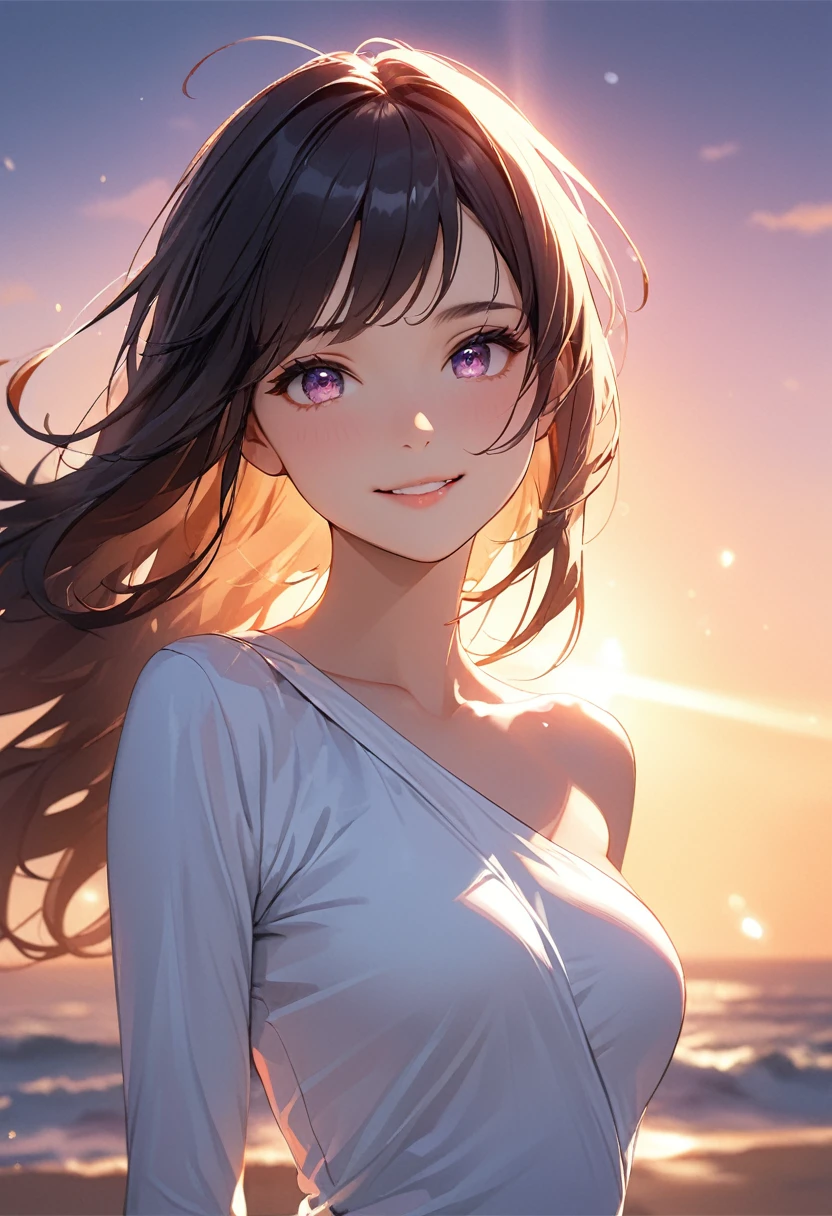(masterpiece:1.5),(Beat quality),(high res),1girl solo,beautiful face,smile(shining eyes),light effects,one shoulder wrap onepiece women,sunset
