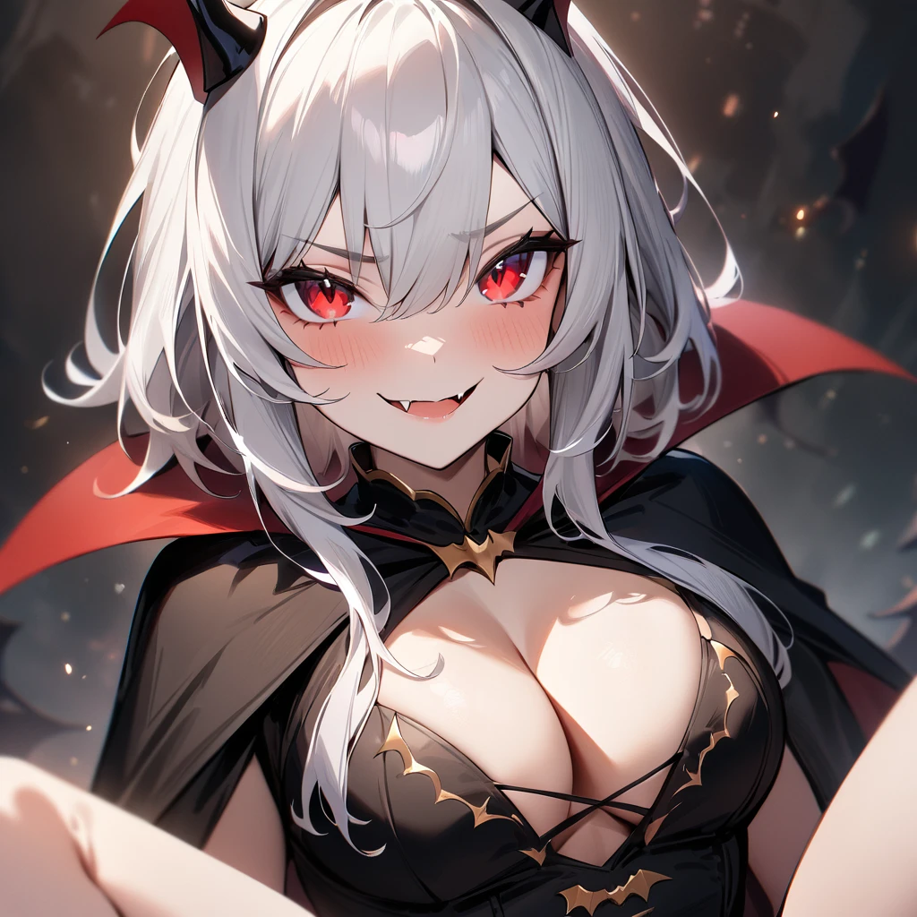 Bat girl,White hair,red eyes,Solo,portrait,Cleavage, fang vampire,Black Cape,spread legs,masterpiece, best quality, very aesthetic, absurdres masterpiece, best quality, very aesthetic, absurdres masterpiece, best quality, very aesthetic, absurdres,looking at viewer,