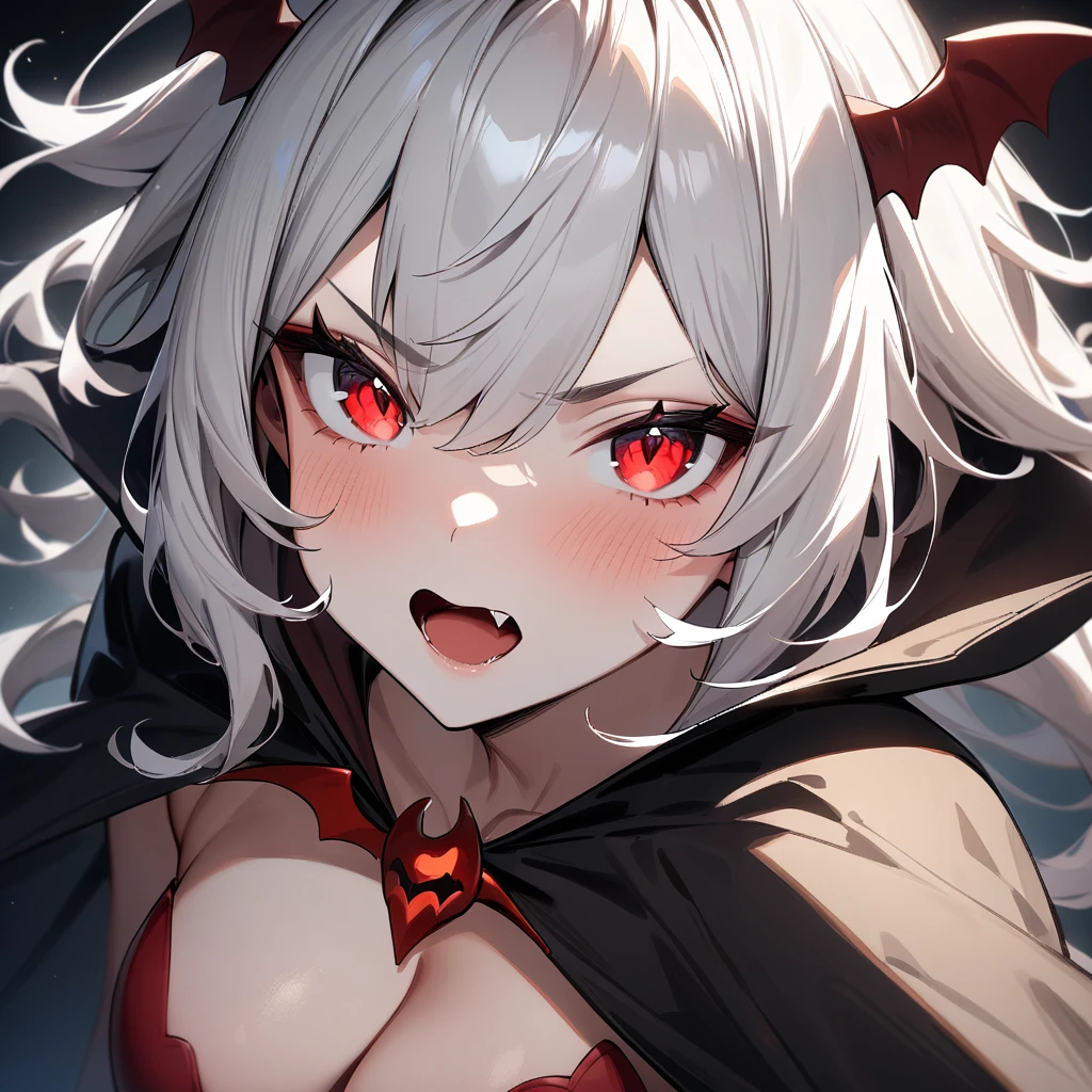 Bat girl,White hair,red eyes,Solo,portrait,Cleavage, fang vampire,Black Cape,spread legs,masterpiece, best quality, very aesthetic, absurdres masterpiece, best quality, very aesthetic, absurdres masterpiece, best quality, very aesthetic, absurdres,looking at viewer,