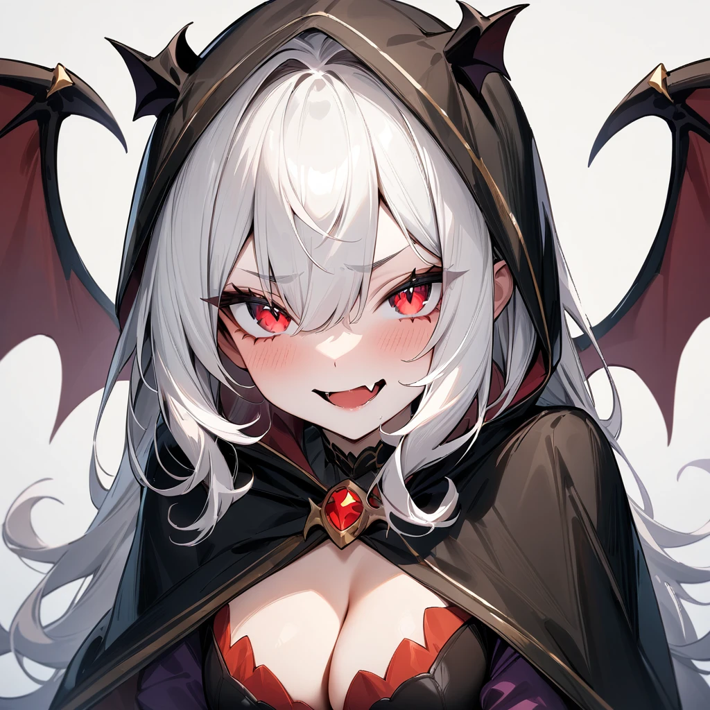 Bat girl,White hair,red eyes,Solo,portrait,Cleavage, fang vampire,Black Cape,spread legs,masterpiece, best quality, very aesthetic, absurdres masterpiece, best quality, very aesthetic, absurdres masterpiece, best quality, very aesthetic, absurdres,looking at viewer,