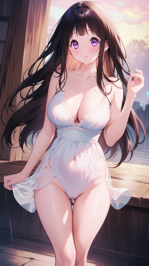 Chitanda,只有一个beautiful girl,Purple Eyes, Black Hair, Natural straight hair, Straight bangs,Extremely refined,open your lips,Face is so red,Very white skin,Skin as delicate as porcelain,Glowing skin,big eyes,Flowing long hair,beautiful girl, Like a dream,Slim,Slim waist,Soft, (Sensual), (Kawaii), Dream quality,Loose white transparent dress,High slit,Sweaty and sweaty,Wet skin,Side breasts,it is raining,Hand high,Keep your head up and your chest out,Standing on the round stage,(Completely naked),Gluteal groove,The outline of the breasts is visible through clothing,Completely naked的背部,nacked hip,very close,Deep V neckline,Loose neckline,Beautiful big breasts,No pants,nopan,no pants,Bare shoulders,There are no shoulder straps,Exposed collarbone,Delicate clavicle,Delicate hands and feet,Bare neck,There are no clothes around the neck,Bare thighs,Exposed groin,Camel toe,extremely shy,Ultra-high resolution, (masterpiece:1.2, best quality), (Delicate and beautiful eyes: 1.2), (Beautiful and delicate face)