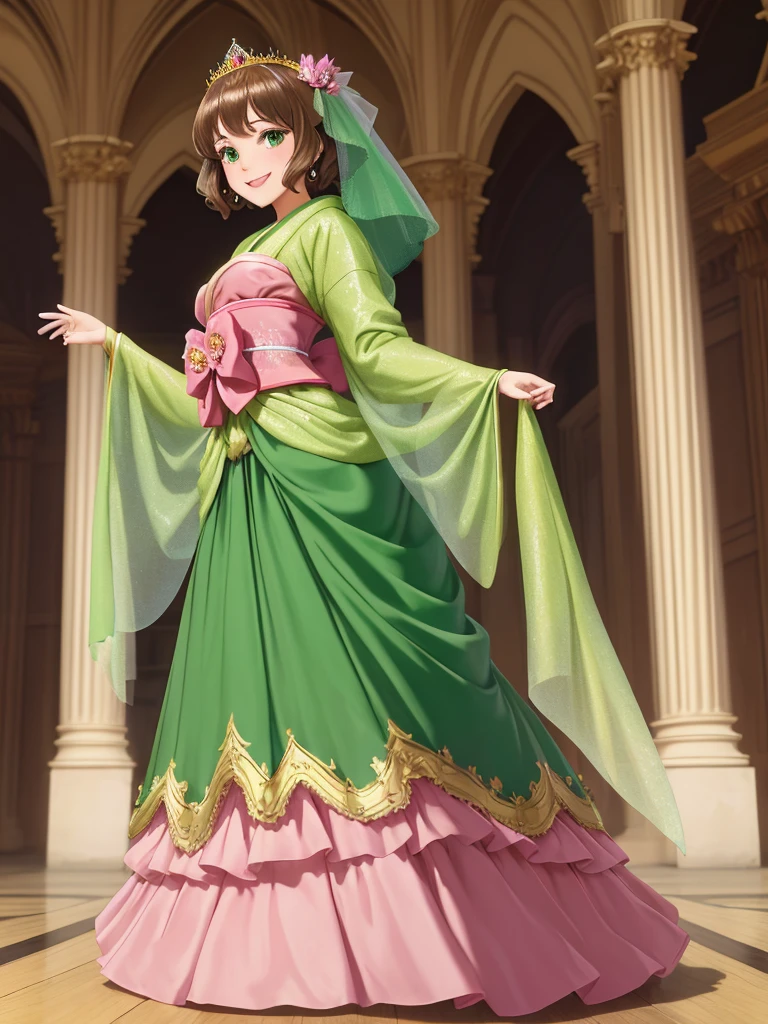 masterpiece, best quality:1.2), 1girl, smile, looking at viewer, green eyes, short brown hair, princess, princess dress, wearing puffy pink ballgown skirt reaching the floor, green kimono, golden tiara with veil, standing in ballroom of medieval castle