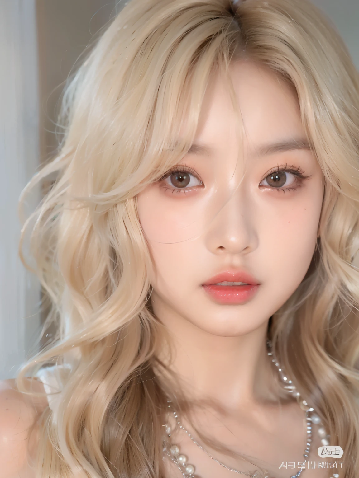 a close up of a woman with long blonde hair and a necklace, Blackpink Roseanne Park, Popular Korean Makeup, popular korean makeup, blonde hair and big eyes, Sexy face with full makeup, Portrait of a Japanese gyaru, Best Face, Heonhwa Choi, longos blonde hair and big eyes, Avamax, cl, Jinyoung Canella, beige hair