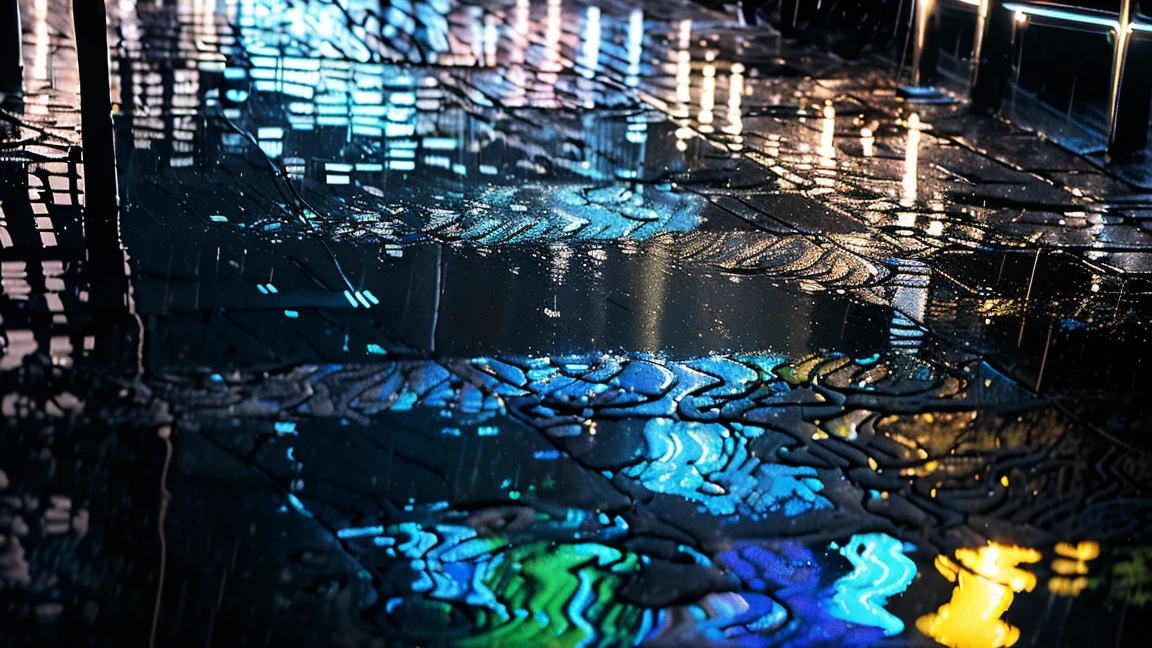 Hyperdetailed regenerative [glitch] art, (koan), matte, understated, (meditative: 1.2), (harmonic) impressionism, cerebral, (interconnected), labyrinth, (introspective), psyche, balanced and reciprocal, (Rainy Night), rain style, concept: ("a wet sidewalk's mirror reflects city streetlights paints shimmery designs pictured in damp nights as long as raindrops fall ")