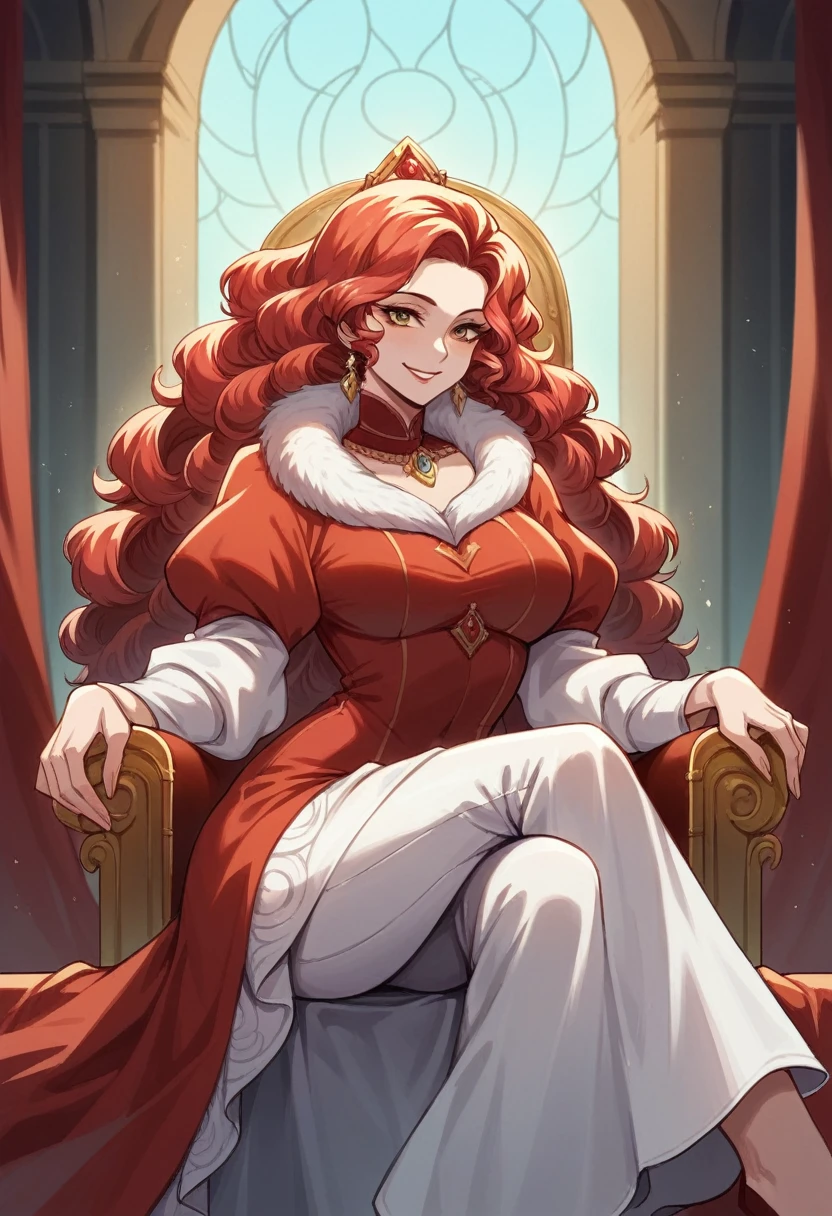 A beautiful woman sitting on a throne, pale skin and flowing red hair, medium legnth frizzy hair, dutchess in modest adornment, modest clothing, full dress, brown and red clothes, fur collar, pants under dress, warm colours, mature woman, sharp features, sly smile, married woman
