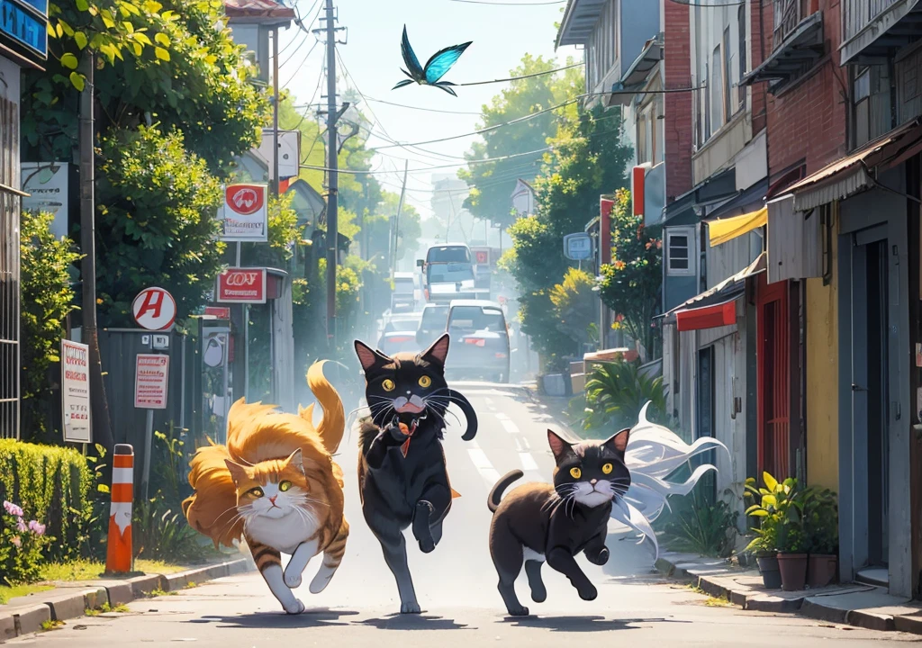 A fish in the moth of a cat and cat running on the road, cat should run on 4 legs, fish in cat's mouth, fish in cat mouth, on the road