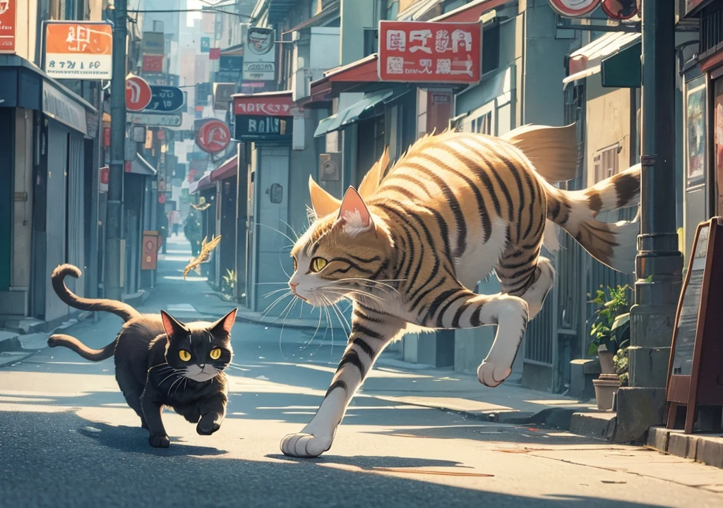 A fish in the moth of a cat and cat running on the road, cat should run on 4 legs, fish in cat's mouth, fish in cat mouth, on the road