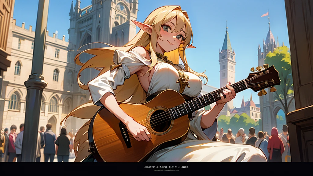 Anime Style,Nostalgic,Detailed background,The medieval world,A bustling square with many people,Smiling bard beautiful elf girl,guitar,Large Breasts,Underarm,Tower of Babel