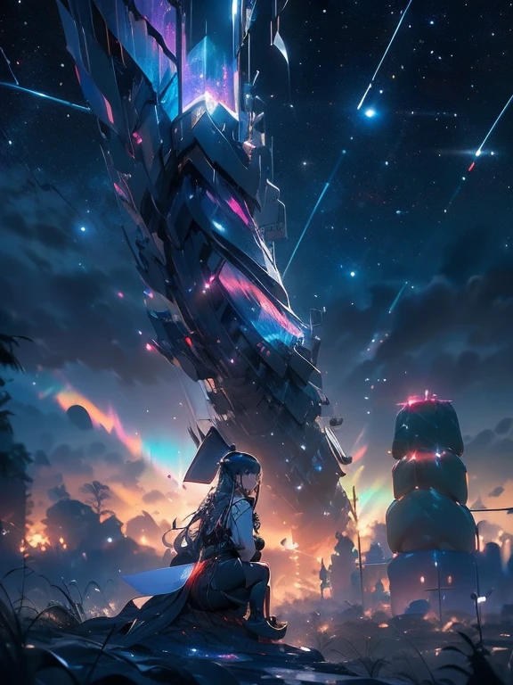 Akame ga kill, Akame, Sitting on a wall, with your black katana on the floor, black eye sclera, scarlet eye iris, (Ultra-realistic), {extremely detailed 8k CG unity wallpaper}, expansive landscape photography, (a view from below that prioritizes the character and scene above, (wide open field view), (Low-angle photo), (destacados: 1.5), (low light: 1.2), (Warm Light Source: 1.4), complexdetails, (Iridescent Colors: 1.5), (Bright lighting), (atmospheric lighting), Dreamers, Akame ga kill