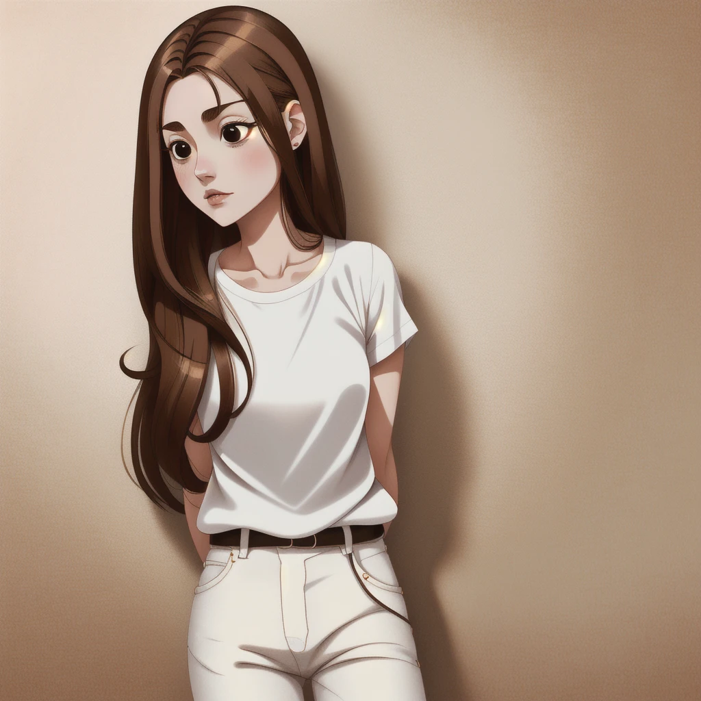 meyoco, opossumachine, nixeu, sorimachi-doufu, ninai, beautiful, digital art, 32k, full hd, 1 girl, ((gently brown hair)), ((middle length hair)),((black eyes)), ((white long shirt)), ((brown pant))