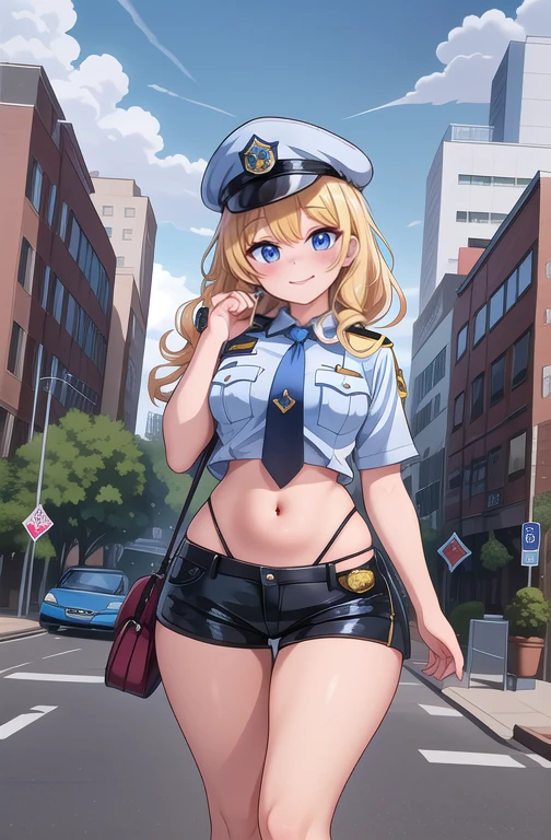 Kelly, hair blonde, blue colored eyes, wart under the mouth,  
make up, lips, curly hair, eyelash, 
standing alone, trunk, standing,  ssmile, 
natta, streets, city scape, carriages,  
uniforme policial, police hat, tummy,  black short shorts, blue shoes,  blue necktie, 
 (incredibily detailed, beautifull detailed face, work of art, beautiful detailed eyes, best qualityer) 
 