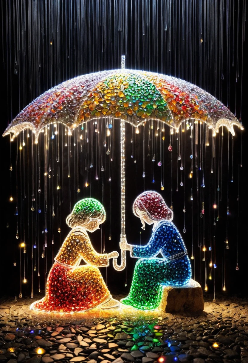 Crystal lighting effect Lights made of small colored stones combined with human-shaped beam layer wire saw , The kind and gentle scene where the man accidentally gave an umbrella to the sad girl sitting in the rain，It is cleverly shaped with thin rays of light..Background gloosy black wall