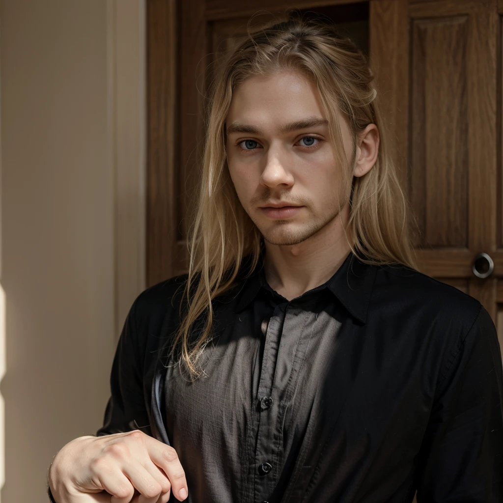 Pale skin and haggard face. Jesuessy blonde hair and short beard. Wear a black suit and black shirt, Almond orbititis. A sense of power and authority. Sturdy exterior. Young man. Layered eyes