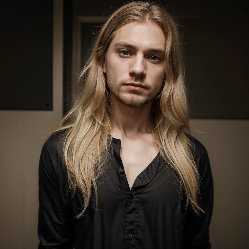Pale skin and haggard face. Jesuessy blonde hair and short beard. Wear a black suit and black shirt, Almond orbititis. A sense of power and authority. Sturdy exterior. Young man. Layered eyes