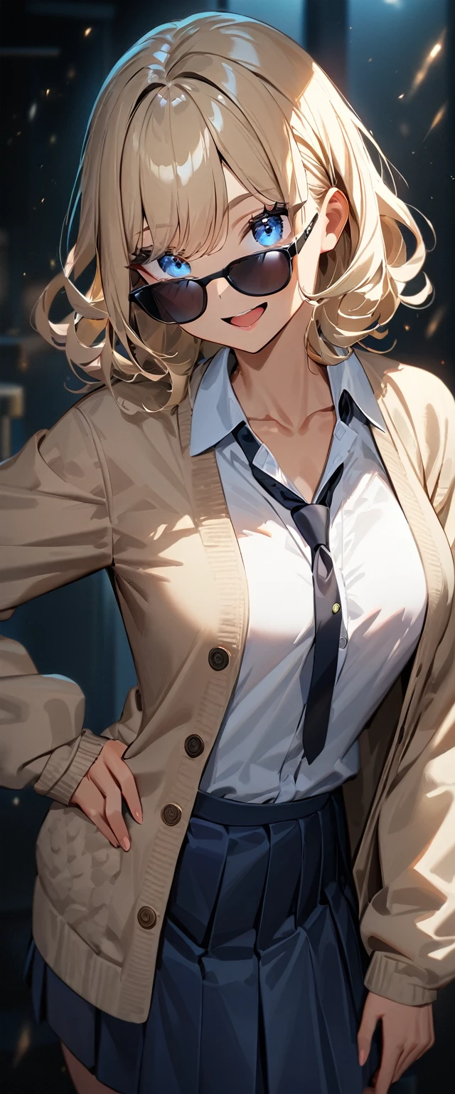 (((One girl))), ((tanned skin:1.3)), blond hair, inwardly curled hair, ((sunglasses, hand to sunglasses)), open mouth, stick out tongue, ((one hand on hip)), ((bob cut:1.3, wavy hair)), Heavy makeup, breasts, (cowboy shot), standard body, (looking at viewer), collarbone, ((((school winter uniform, white unbuttoned shirt, skirt)))), (open collar), ((black tie under the cardigan)), sleeves past wrists, ((cardigan)), teenager, head tilt:1.3, (((blue eye))), ((happy smile)), (((anime style))), (best quality, 4k, 8k, highres, masterpiece:1.2, ultra-detailed, ultra-detailed eyes, HDR, UHD, studio lighting, ultra-fine painting, sharp focus, physically-based rendering, extreme detail description, professional, vivid colors, bokeh), ((Highest quality, Best image quality, Ultra-high resolution, Ultra-high resolution, solo, Strong eye highlights)), Depth of written boundary, Natural soft light, attractive, Beautiful Face, Cleanliness, Pure Face, nedium chest, Beautiful Face, Perfect Fingers, Perfect hands, Perfect body, Perfect Face, Shine a light into your eyes, Perfect Anatomy
