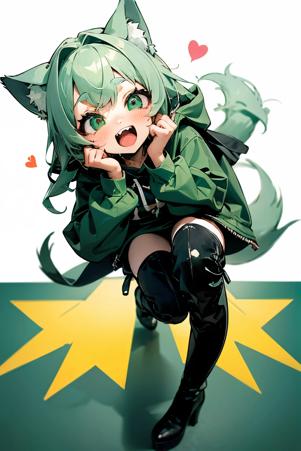 perspective:front,solo,blush,Ice in the mouth,sweating,whole body,Put your hands on your neck,Illustration style cuteness,shota,Wolf,Eyes are hearts,green,Cute face,Open your mouth,Cat Pose,Double teeth,long hoodie,, knee high boots ,Platform heels