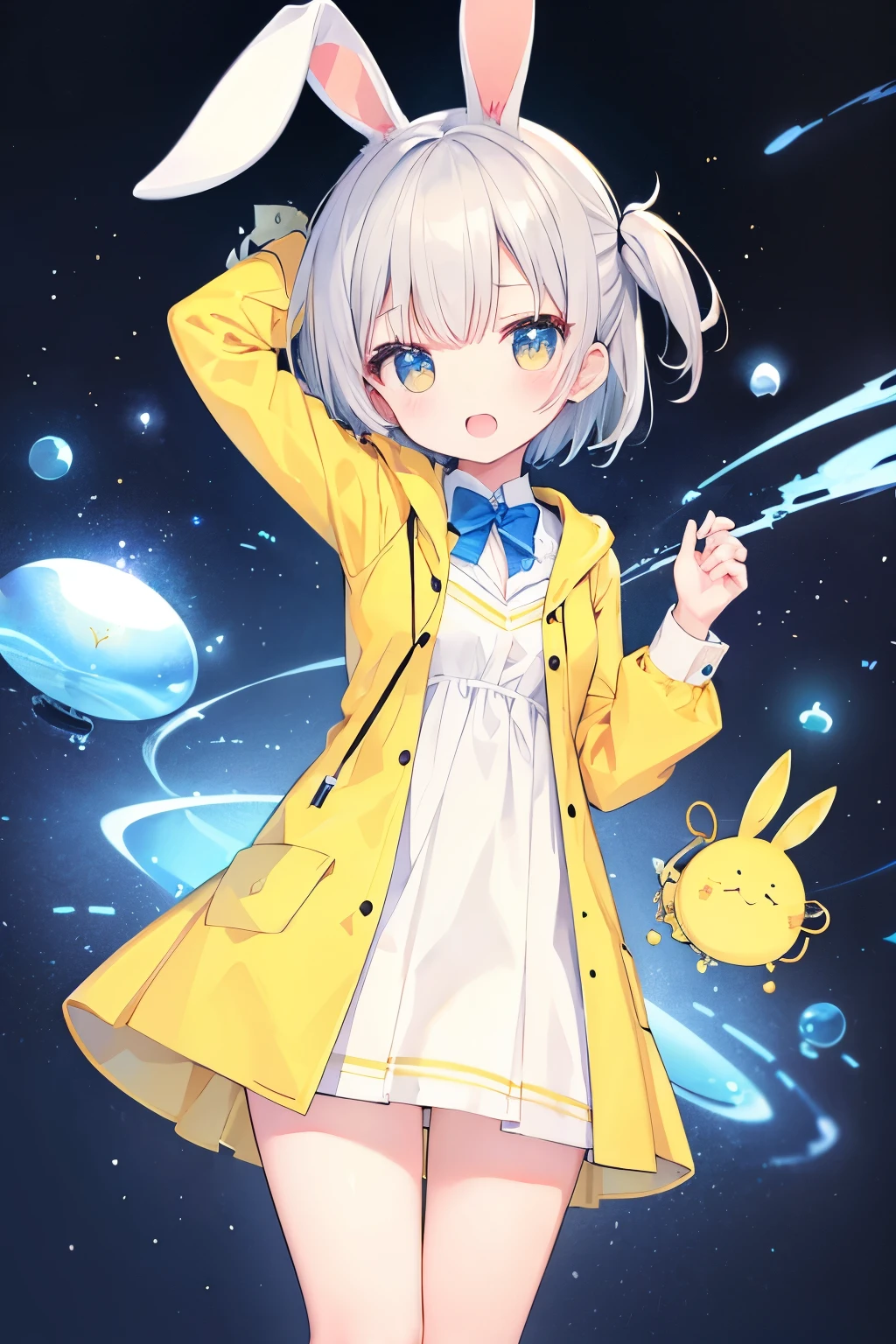 Yellow Raincoat、Bunny girl、Rabbit ears、Very beautiful and Shining Eyes、Shining Eyes、1 Girl、Small breasts、Big Mouth、high school girl、Small breasts、Transparent silver short hair、7-year-old girl
