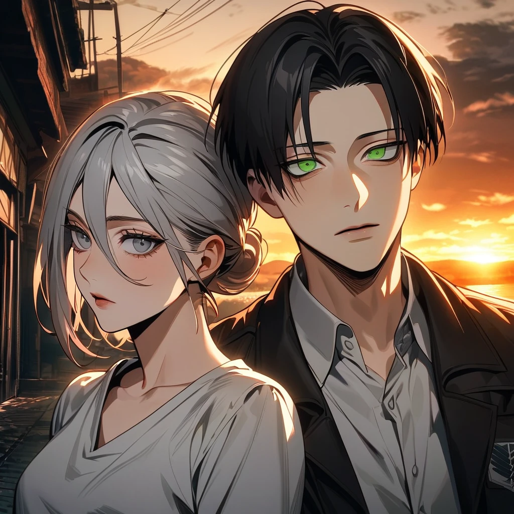 Ultra detailed, Highres, absurdres, HDR, Levi Ackerman, black hair, grey eyes, Shingeki No Kyojin, extremely handsome, 1 man with 1 woman, she have white hair and green eyes, the woman is part of the squad, the sunset, full-body portraits, dark ambiance, only two people
