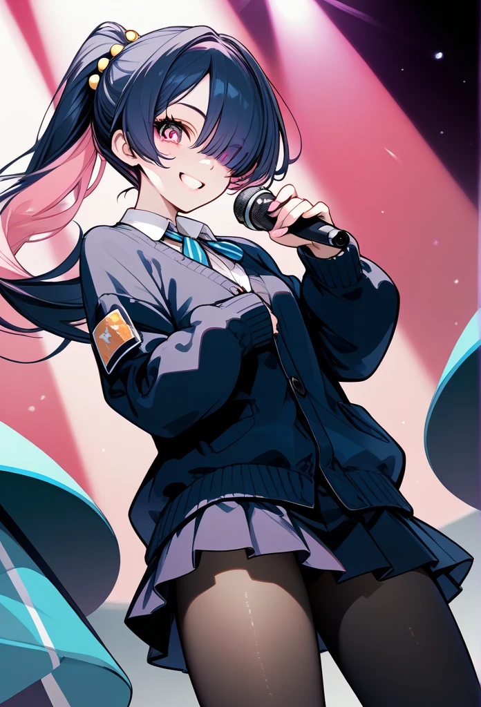 mature woman, mature face, pink eyes, excited expression, excited face, wide smile, glossy lips, ponytail hair, (blue hair color, pink gradient hair color, azure color hair), bangs covering left eye, left blinding bangs hairstyle, mature body, small breasts, dark blue cardigan, short skirt, navy color skirt, pantyhose, idol, stage, holding microphone, (idol pose)