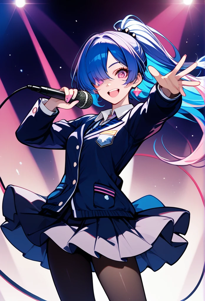 mature woman, mature face, pink eyes, excited expression, excited face, wide smile, glossy lips, ponytail hair, (blue hair color, pink gradient hair color, azure color hair), bangs covering left eye, left blinding bangs hairstyle, mature body, small breasts, dark blue cardigan, short skirt, navy color skirt, pantyhose, idol, stage, holding microphone, (idol pose) 