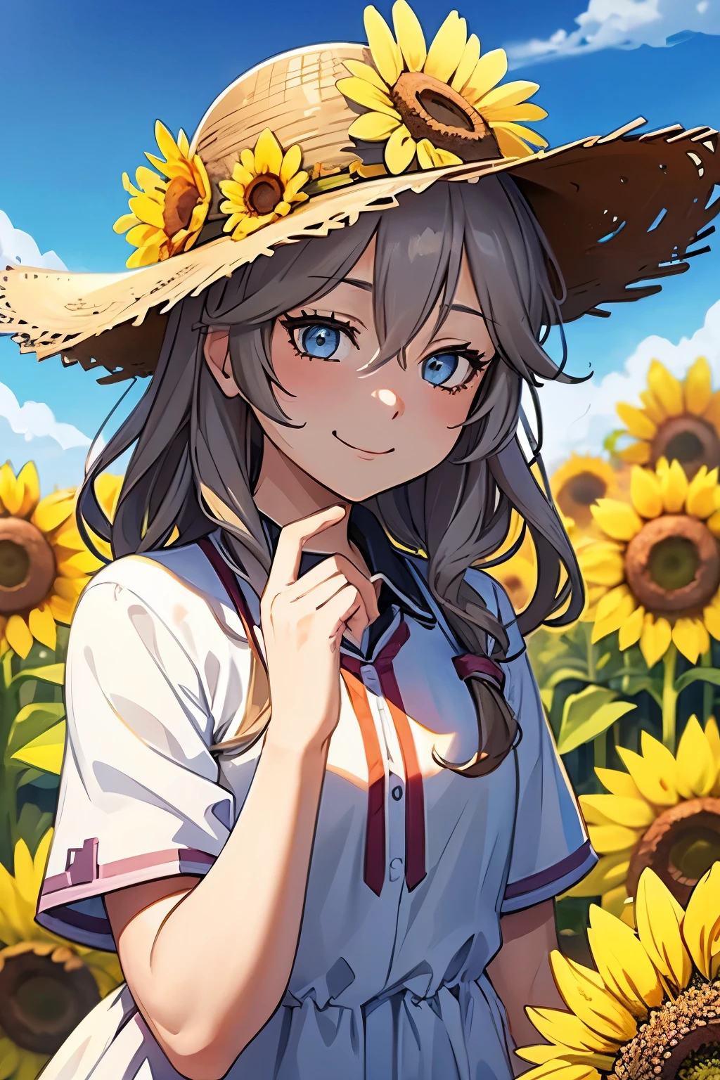 1girl, solo, cowboy shot,portrait、perfect quality, good quality, masterpiece, HDR, uhd,kasukabe tsumugi,Sunflower field、Straw hat、White Summer Dress、sunny day、smile