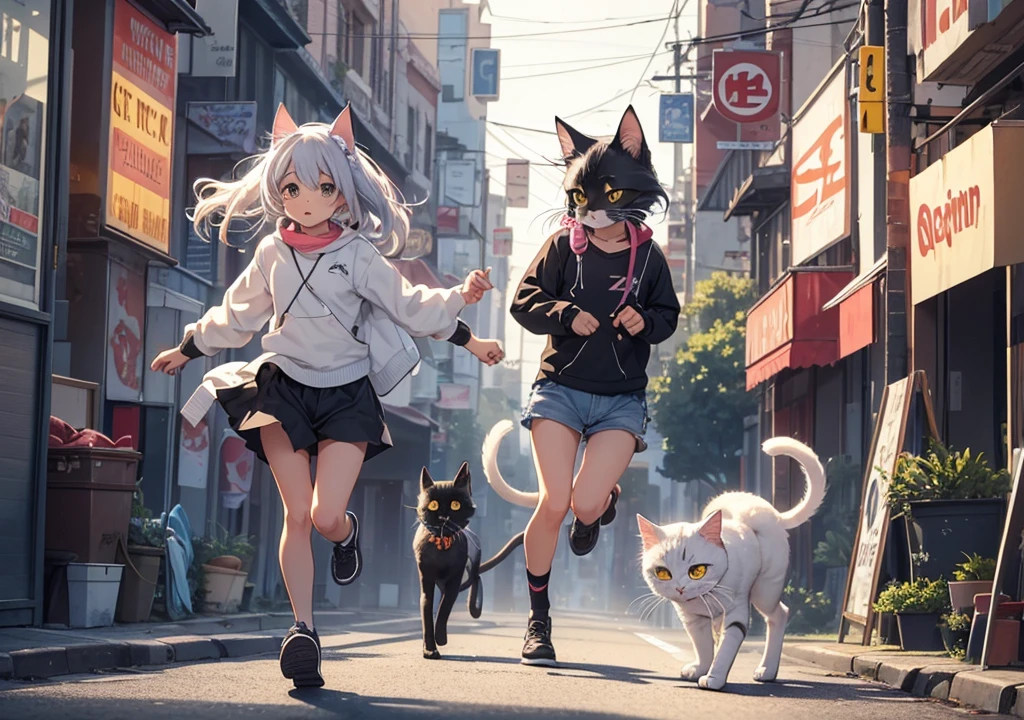 A fish in the moth of a cat and cat running on the road, cat should run on 4 legs, fish in cat's mouth, fish in cat mouth, on the road, put the fish in cat mouth must